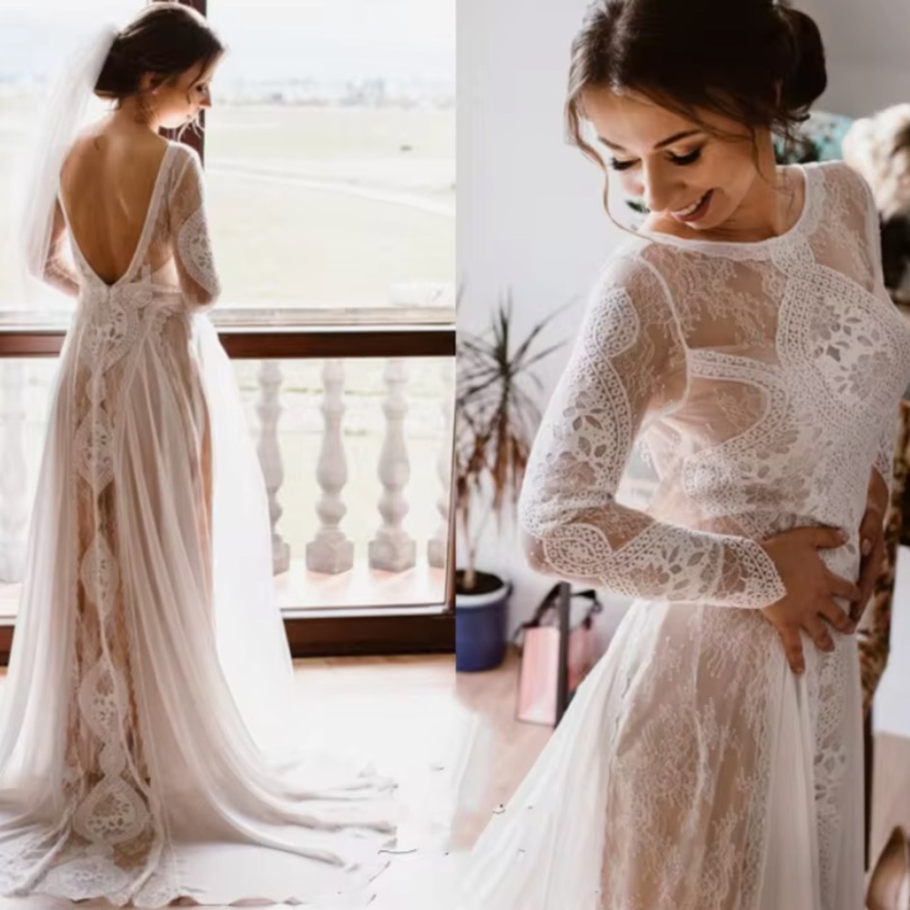 BEACH WEDDING DRESS, Boho Wedding Dress, Elegant White Lace Dress - Picture 8 of 13